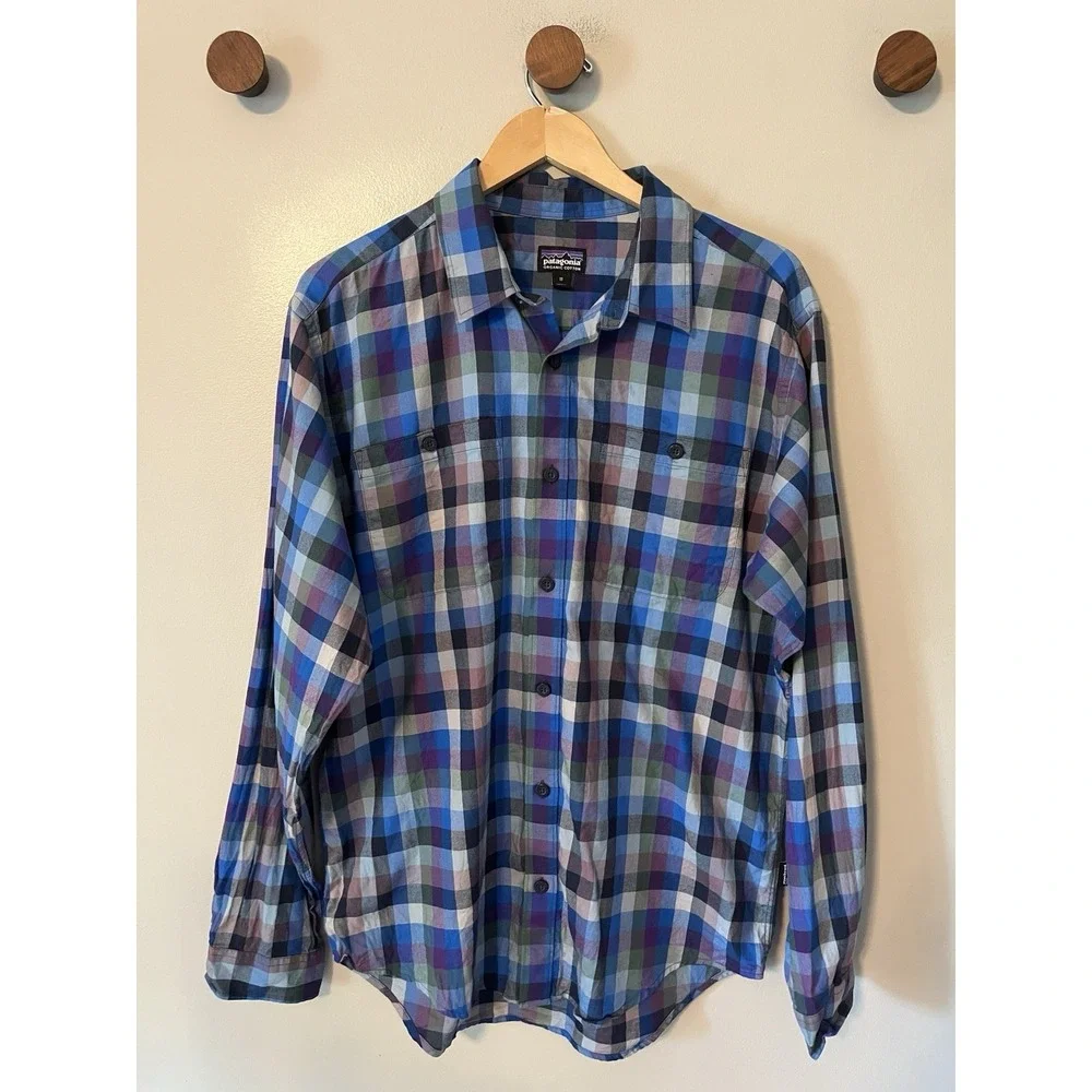 Patagonia Organic Cotton Plaid Button up Shirt Colorful Blue Purple Men's Medium